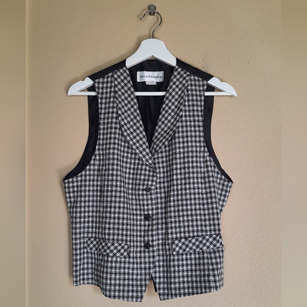 Vintage Vtg Norton McNaughton Gingham Checker Black & White Vest Waistcoat